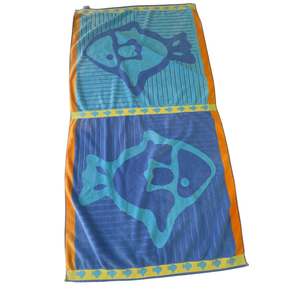PALM COVE Large Beach Towel Cotton Pool Swim Oversized 65x35 Summer Fish 80s Mod